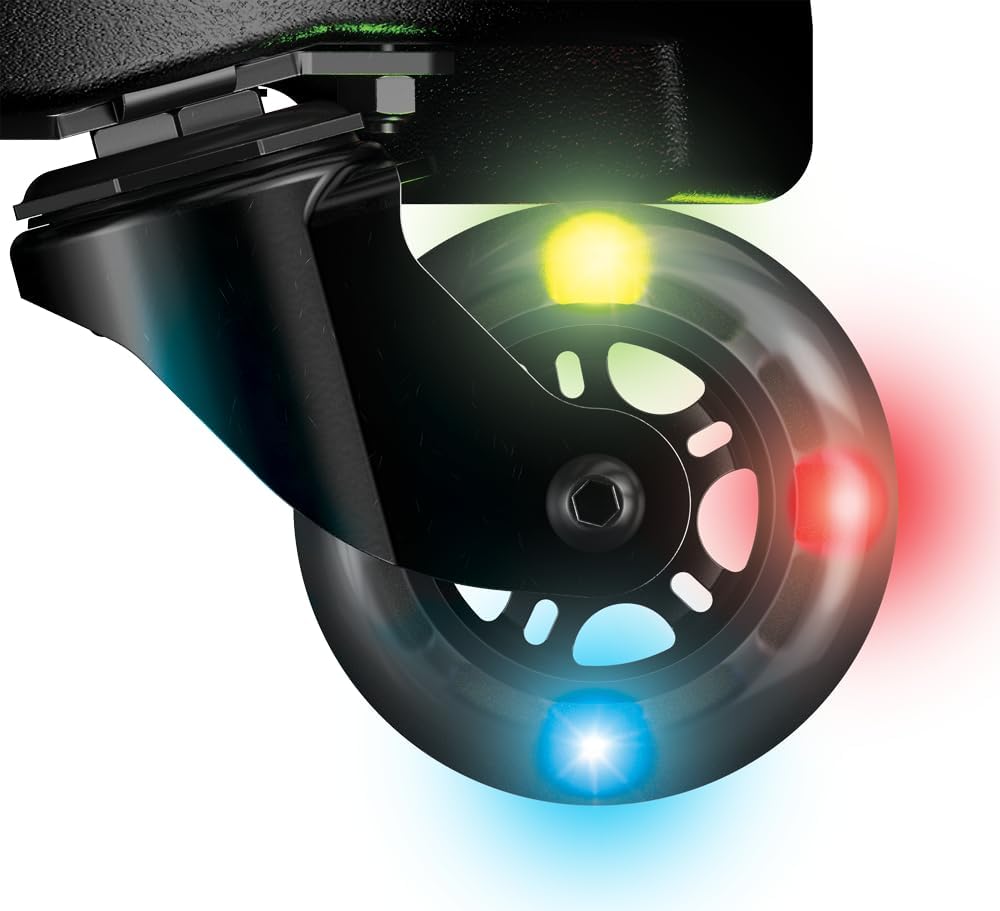 Black caster wheel with colorful LED lights on a white background