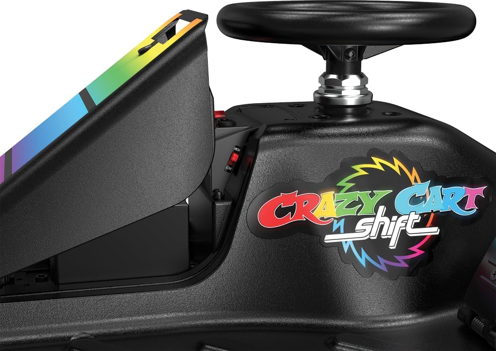 Black steering wheel and dashboard with 'Crazy Cart Shift' logo on a white background