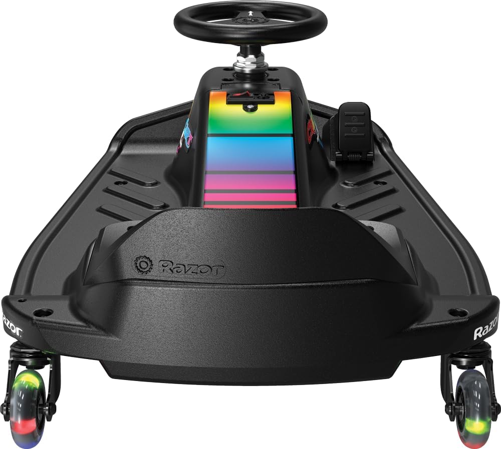Black Razor toy car with colorful seat on a white background
